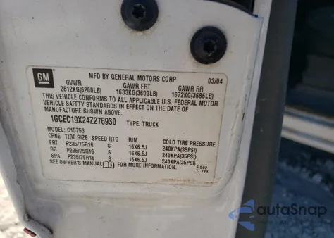 2004 Chevrolet Silverado C1500 from USA, damaged, VIN 1GCEC19X24Z276930